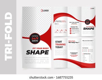 Fitness/gym tri-fold brochure design template, Modern cover brochure flyer design template. Layout with modern photo and abstract background. Creative concept folded flyer or brochure.