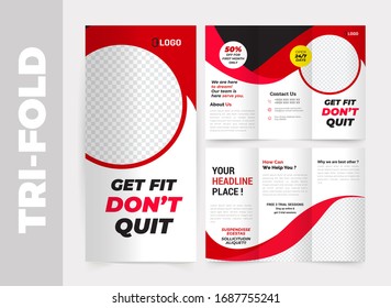 Fitness/gym tri-fold brochure design template, Modern cover brochure flyer design template. Layout with modern photo and abstract background. Creative concept folded flyer or brochure.