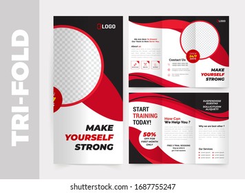 Fitness/gym tri-fold brochure design template, Modern cover brochure flyer design template. Layout with modern photo and abstract background. Creative concept folded flyer or brochure.