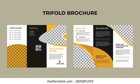 Fitness/gym tri-fold brochure design template, Modern cover brochure flyer design template. Layout with modern photo and abstract background. Creative concept folded flyer or brochure.