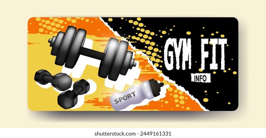Fitness-related design with dumbbells and a water bottle, vibrant orange and yellow gradient background, and bold typography. Vector illustration