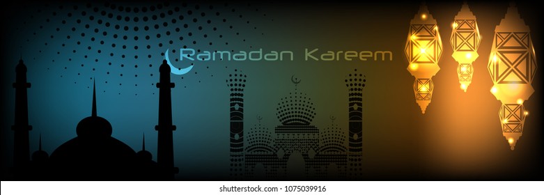 Idu’l Fitr for Muslim Community Festival Ramadan Kareem Lantern with Dark Background Banner Vector Illustration EPS 10.