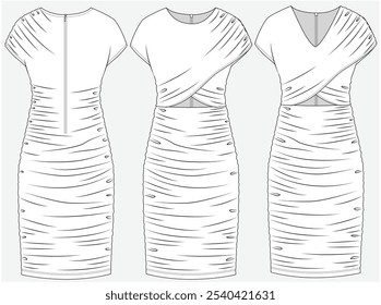 EQUIPADO ACIMA DO JOELHO COMPRIMENTO VESTIDO COM CORTE DE DETALHE PROJETADO PARA MULHERES JOVENS E MULHERES EM ARQUIVO DE VETOR