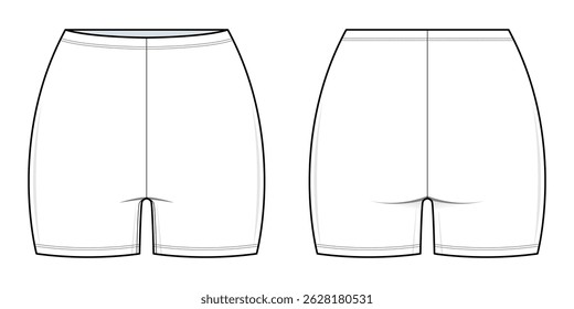 Fitted Biker Shorts Technical Fashion Illustration. Basic Mid-Thigh Leggings Vector Template. Front and Back View. Comfortable Fit. Seam Detail. Women’s Activewear. CAD Mockup Set.