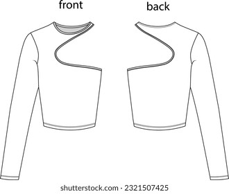 Fitted body one shoulder top technical fashion drawing, crew neck fashion jersey top, Fashion top CAD 