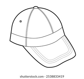 Fitted Cap Baseball Hat. Summer Head Fashion accessory clothing technical illustration. Vector headgear for Men, women, unisex style, flat template CAD mockup sketch outline isolated