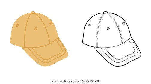Fitted Cap Baseball Hat. Summer Head Fashion accessory clothing technical illustration. Vector headgear for Men, women, unisex style, flat template CAD mockup sketch outline isolated