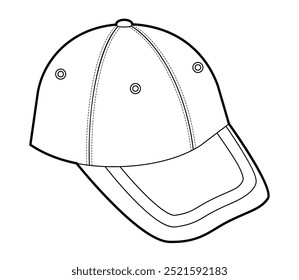 Fitted Cap Hat. Summer Head Fashion accessory clothing technical illustration. Vector headgear for Men, women, unisex style, flat template CAD mockup sketch outline isolated