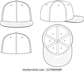 Fitted Cap Hat Vector Technical Drawing Illustration Blank Streetwear Mock-up Template for Design and Tech Packs CAD Brim Baseball Hat - Shutterstock ID 2179849689