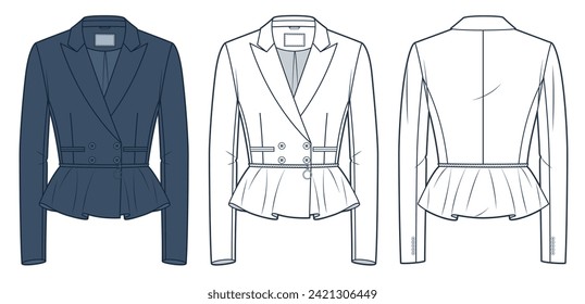 Ilustración de moda técnica del Blazer clásico. Chaqueta recortada con estampado de peplo en forma de plancha de dibujo técnico plano, doble pecho, frontal, retrovisor, blanco, azul, mujer conjunto de maquillaje CAD.