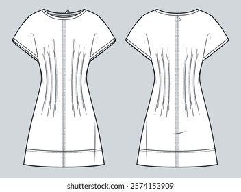 Fitted Dress technical fashion illustrsation. Mini Dress fashion flat technical sketch template featuring short sleeves, central seam, back zipper, front and back view, white, women CAD mockup.