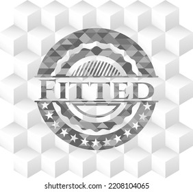 Fitted grey emblem with geometric cube white background. 