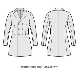 Fitted jacket double breasted suit technical fashion illustration with long sleeves, notched lapel collar, flap pockets, fingertip length. Flat Blazer template front, back, grey color. Women, men CAD