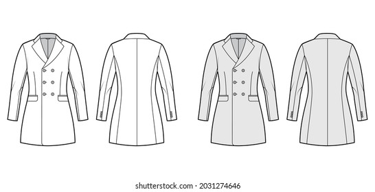 Fitted jacket double breasted suit technical fashion illustration with notched lapel collar, flap pockets, fingertip length. Flat Blazer coat template front, back, white, grey color. Women, men CAD
