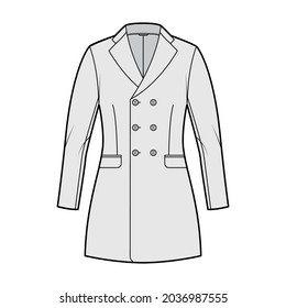 Fitted jacket double breasted suit technical fashion illustration with long sleeves, notched lapel collar, flap pockets, fingertip length. Flat Blazer coat template front, grey color. Women, men CAD