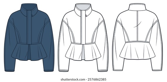 Fitted Jacket with Peplum technical fashion illustration. Blue Jacket fashion flat technical drawing template, front zipper, pockets, front and back view, white, women CAD mockup set.