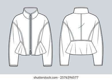 Fitted Jacket with Peplum and Zipper technical fashion illustration. Light Jacket fashion flat technical drawing template, pockets, front and back view, white, women CAD mockup.