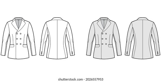 Fitted jacket suit technical fashion illustration with double breasted, notched lapel collar, flap pockets, hip length. Flat Blazer coat template front, back, white, grey color. Women, men CAD mockup