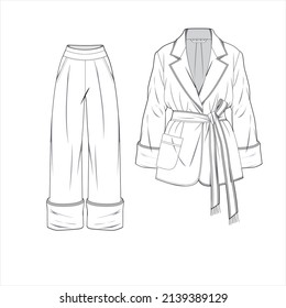 Fitted jacket suit technical fashion illustration with double breasted, notched lapel collar, flap pockets, hip length. Flat Blazer coat template front, grey color style. Women, men unisex CAD mockup