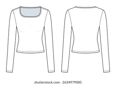 Fitted Long-Sleeve Scoop Neck Top Technical Fashion Illustration. Women’s Shirt Vector Template. Cropped Silhouette. Clean Finish Hems. Stretch Knitwear. Front and Back View. CAD Mockup Set.