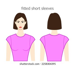 Fitted short sleeves clothes, character beautiful lady in magenta top, shirt, dress technical fashion illustration with fitted body. Flat apparel template front, back sides. Women, men unisex CAD