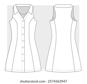 Fitted sundress with shirt collar and buttons technical sketch. Vector illustration.