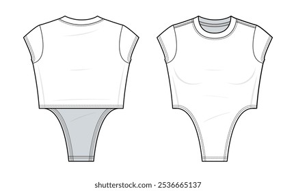 Fitted symmetrical hem crop top shirt flat technical fashion illustration. Crop top shirt fashion flat technical drawing template, front view, back view, slim fit. white color, women, CAD mockup.