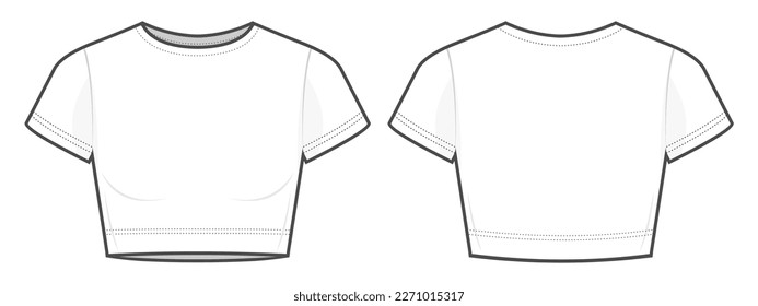 Fitted white cropped tee shirt flat technical fashion illustration  T  shirt fashion flat technical drawing template  front view  back view  white color  women  CAD mockup