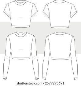 Fitted white cropped tee shirt and Long Sleeve Shirt technical fashion illustration. Set of Tee Shirts fashion technical drawing template, CAD, mockup set.