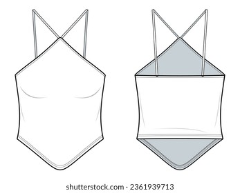 Fitted white Halter top flat technical fashion illustration. Halter top fashion flat technical drawing template, front view, back view, crop top, white color, women, CAD mockup set.