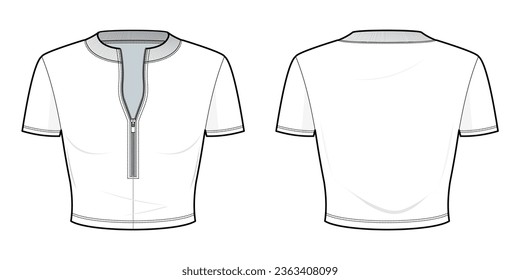 Fitted white Quarter Zip cropped tee shirt flat technical fashion illustration. T-shirt fashion flat technical drawing template, front view, back view, white color, women, CAD mockup set.