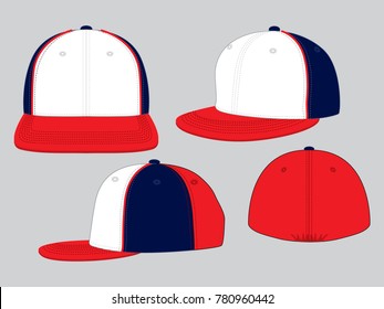 Fitted White-Navy-Red Hip Hop Cap with Adjustable Fitted Closure Design on Grey Background.