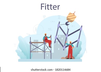 Fitter or installer. Industrial builder at the construction site. Professional workers constructing home with tools and materials. City development. Isolated flat vector illustration