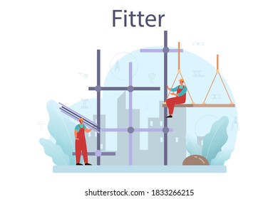 Fitter or installer. Industrial builder at the construction site. Professional workers constructing home with tools and materials. City development. Isolated flat vector illustration