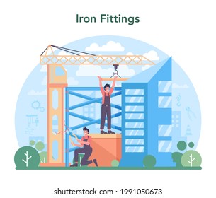 Fitter or installer. Industrial builder at the construction site. Professional workers constructing home with tools and materials. City development. Isolated flat vector illustration