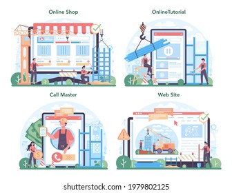 Fitter or installer online service or platform set. Industrial builder at the construction site. Workers constructing home. Online shop, tutorial, call master, website. Flat vector illustration