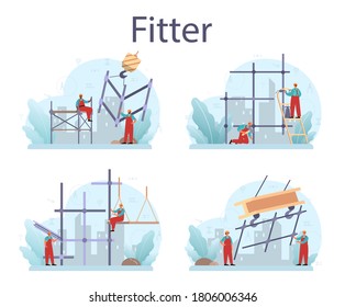 Fitter or installer set. Industrial builder at the construction site. Professional workers constructing home with tools and materials. City development. Isolated flat vector illustration