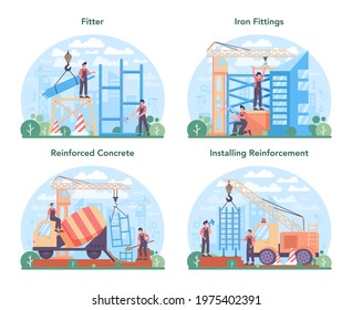 Fitter or installer set. Industrial builder at the construction site. Professional workers constructing home with tools and materials. City development. Isolated flat vector illustration