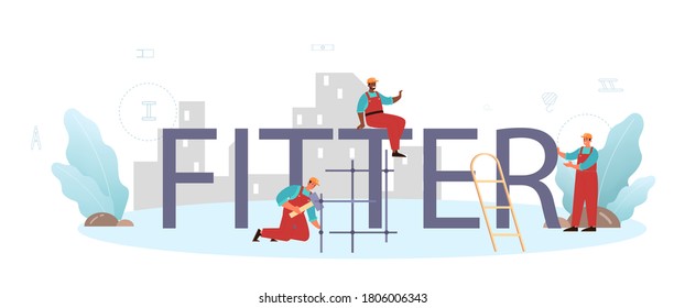 typografische Header von Fitter oder Installer. Industriebauer auf dem Baugelände. Professionelle Arbeiter bauen Haus mit Werkzeugen und Materialien. Einzelne flache Vektorgrafik