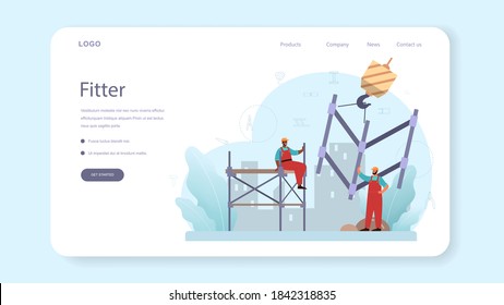 Banner web o página de inicio de Fitter o installer. Constructor industrial en la construcción. Trabajadores profesionales construyendo casas con herramientas y materiales. Ilustración vectorial plana aislada