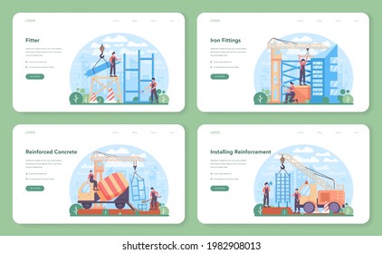 Fitter or installer web banner or landing page set. Industrial builder at the construction site. Professional workers constructing home with tools and materials. Flat vector illustration
