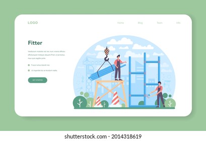 Fitter or installer web banner or landing page. Industrial builder at the construction site. Professional workers constructing home with tools and materials. Flat vector illustration
