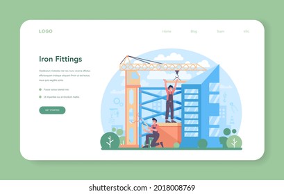 Fitter or installer web banner or landing page. Industrial builder at the construction site. Professional workers constructing home with tools and materials. Flat vector illustration