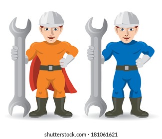 Fitter mechanic repairman mascot Two muscular  mascots of Fitter,  mechanic. Vector illustration. 