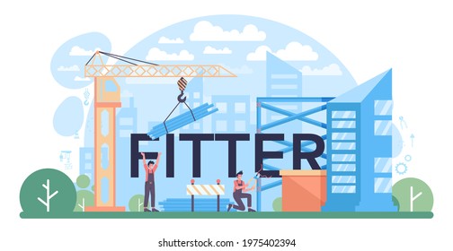 Fitter typographic header. Industrial builder at the construction site. Professional workers constructing home with tools and materials. Flat vector illustration