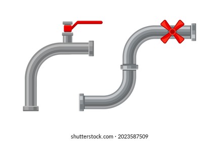 Fitting or Adapter for Connecting Straight Section of Pipe or Tube with Red Valves Vector Set