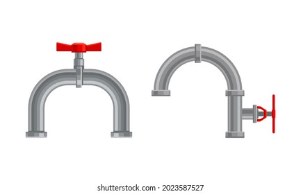 Fitting or Adapter for Connecting Straight Section of Pipe or Tube with Red Valves Vector Set