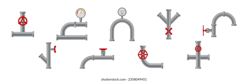 Fitting or Adapter for Connecting Straight Section of Pipe or Tube with Red Valves Vector Set