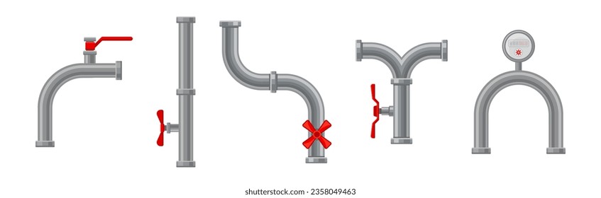 Fitting or Adapter for Connecting Straight Section of Pipe or Tube with Red Valves Vector Set