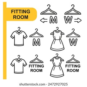 Fitting Umkleideraum, männliche weibliche Umkleidekabine, versuchen Sie Kleidung in Ladenzeile Icon-Set. Frau Kleid, Mann T-Shirt hängt an Kleiderbügel. Kaufen Sie Mode-Textilien im Shop. Junge, Mädchen Kleiderschrank Zeichen. Vektorgrafik